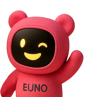 Mascotte EUNO rose qui sourit et fait un clin d’œil